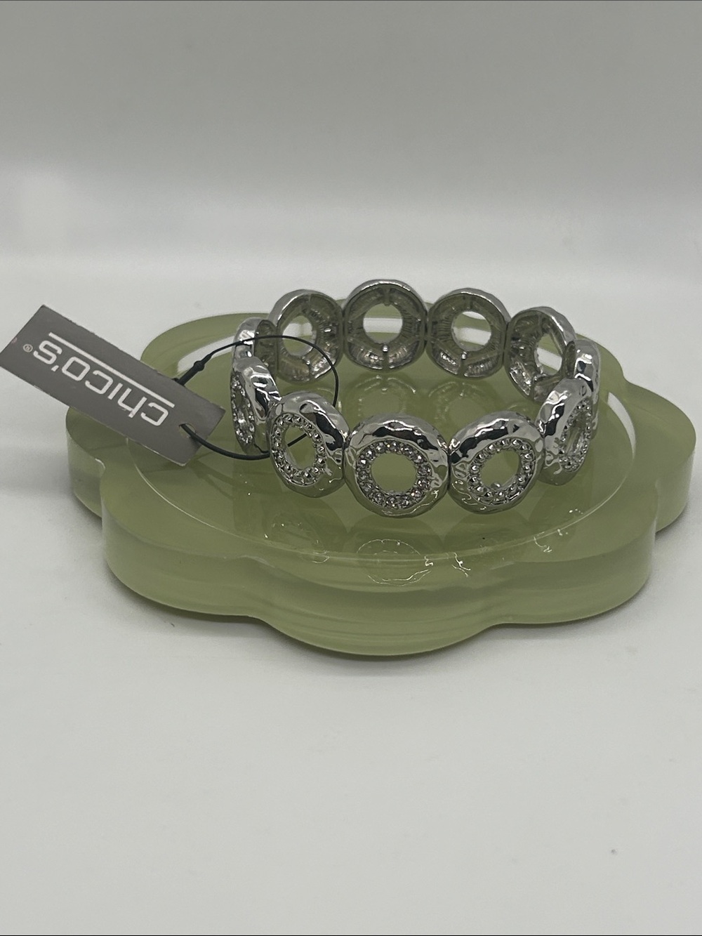 Chico's Silver Interlocking Crystal studded Circular Link Stretch Bracelet.